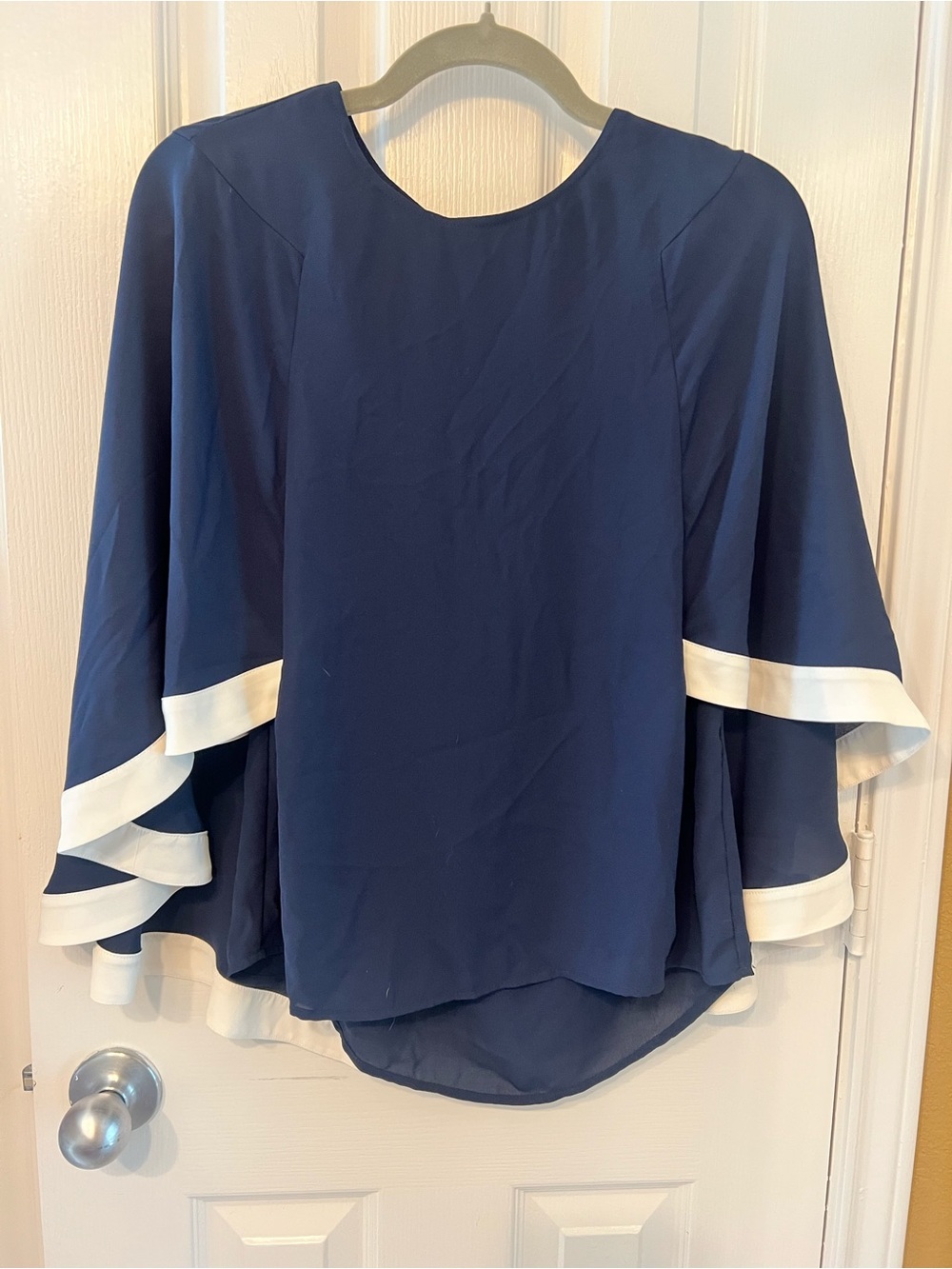 Chicos Navy Cape Blouse with Cream Trim, Size 00